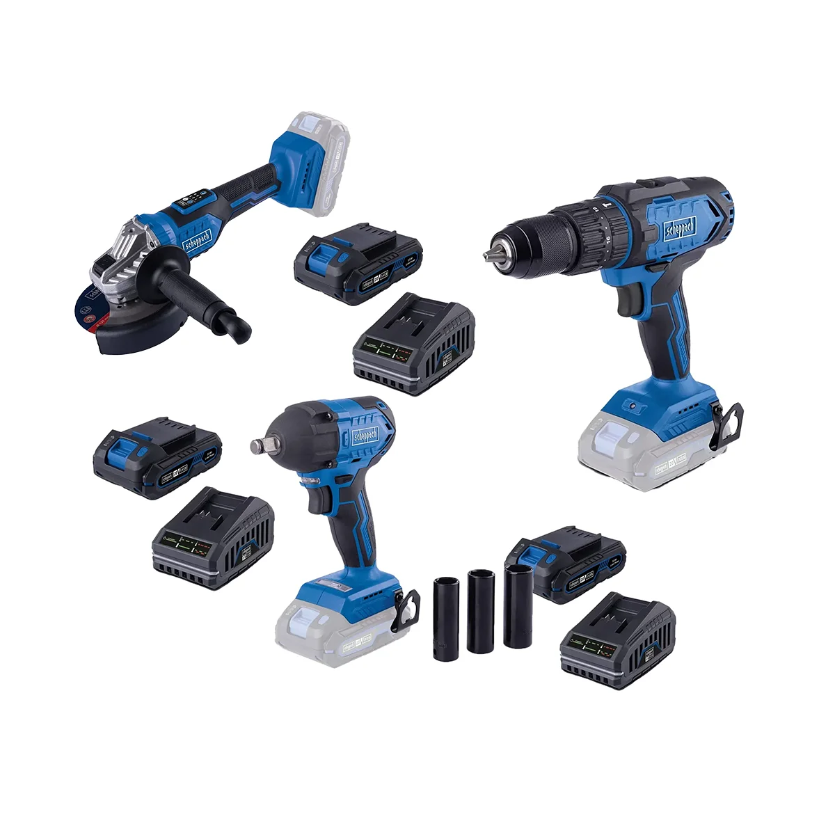 IXES 6 Scheppach aku set udarni odvijač aku udarna bušilica i aku ugaona brusilica Brushless IXES 6